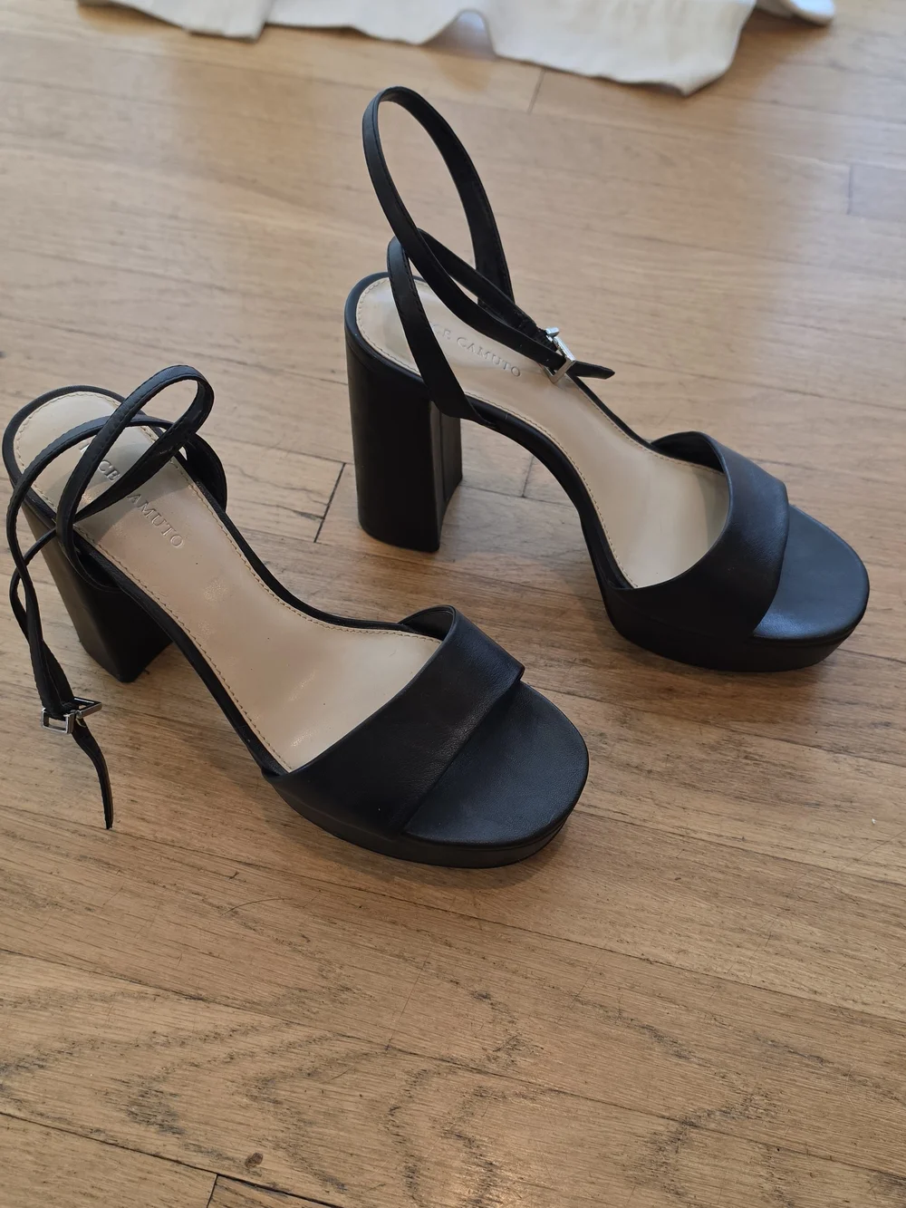 Vince Camuto Black Leather Pendry Platform Sandal Open-Strap Ankle Tie Heels